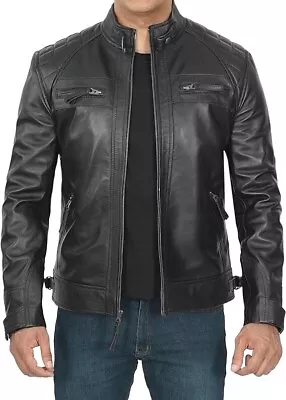 Mens Genuine Lambskin Leather Jacket Black Café Racer Motorcycle Biker Jacket • $123