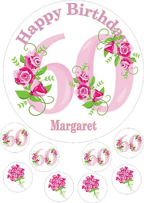 60th Birthday Roses 7.5 Inch Round Iced Icing Cake Topper + 8 Cupcake Toppers • £4.50
