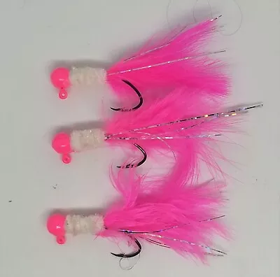Hand Tied Feather Tail Crappie Jigs Pink & White W/ Flash  1/16th Ounce • $5