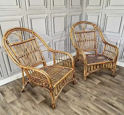 Retro Piair X2 Mid Century Bamboo Wicker Cane Tub Arm Chairs Seats - Boho Tiki? • £169.99