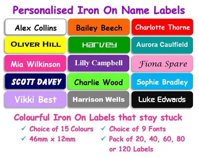 Iron On Name Labels Personalised School Uniform Clothing Tags Waterproof R1 • £5.99