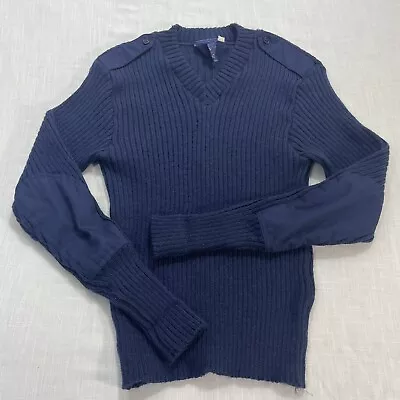 Military Equipment Sweater Wool Mens America V-Neck Navy Blue Elbow Patch Sz 44 • $28.99