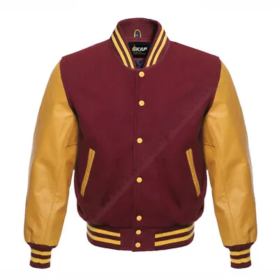 Maroon Wool Varsity Letterman Bomber USA Baseball Jacket Gold Leather Sleeve • $164.99