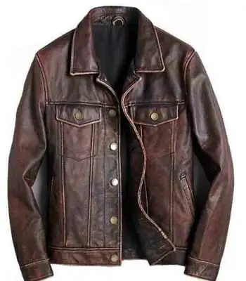 Mens Biker Cafe Racer Vintage Trucker Brown Real Genuine Cow Leather Jacket • $71.99