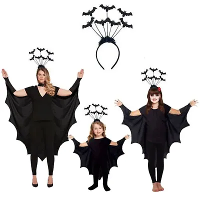 Halloween Bat Wings Cape & Headband Gothic Vampire Costume Kids Adult FancyDress • £10.29