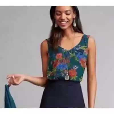 CAbi NWOT Still Life Teal Blue Green Floral Tank Top Blouse Women's Small • $29.98