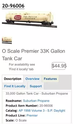 MTH Premier 20-96006 33k Gallon Tank Car Suburban Propane • $50