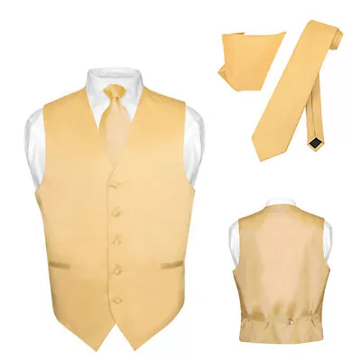 Men's Dress Vest NeckTie Hanky Solid GOLD Color Neck Tie Set For Suit Tuxedo S • $24.95