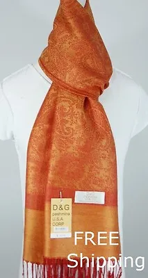 DG Women's Pashmina Scarf Wrap Paisley Red Orange.Silk Cashmere.Soft • $11.99