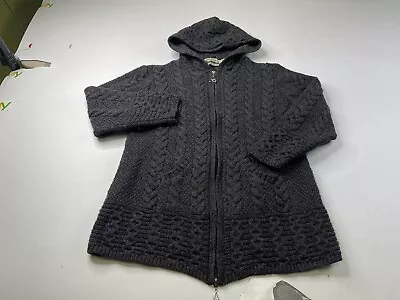 Aran Crafts Ireland Womens Cardigan Sweater Medium Gray Wool Hooded Full Zip • $29.99