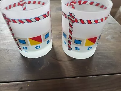 2 Cera Drinkware Glasses Frosted Nautical Flags SOS Old Fashioned Rare  • $115