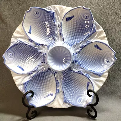 Bordallo Pinheiro Oyster Serving Plate Blue Fish Design Portugal 10.5   *chip • $110