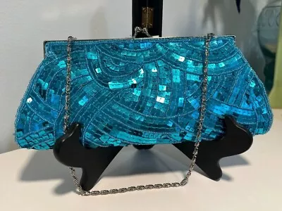 Aqua Sequin Evening Clutch Bag • $12