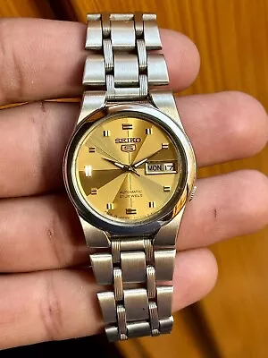 VINTAGE SEIKO 5 AUTOMATIC 4227 DAY/DATE 21 JEWELS Gold DIAL MEN'S WRISTWATCH • $65