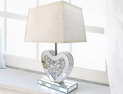 Mirrored LED Table LampHeart Shaped Crystal Diamond Silver Mirror BaseBeige Li • $82.99