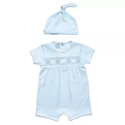 £8 • Buy Just Too Cute Baby Boy Blue Smocked Spanish Style Romper & Hat Set 0-3 Months