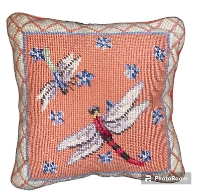Vintage Dragonfly And Flowers Needlepoint Throw Pillow Coastal Grandma Chic • $27.99