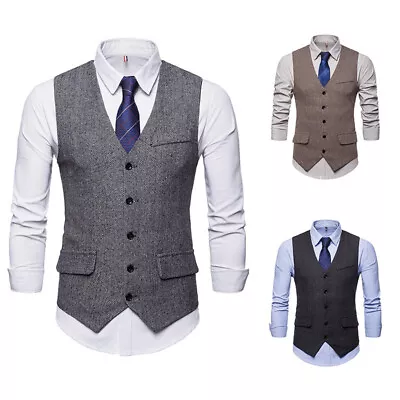 Herringbone Tweed Mens Wool Mix Check Collar Waistcoat VintageTailored Fit Vest • £15.88