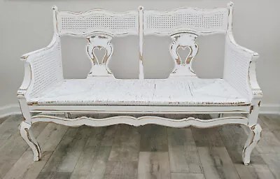 Early 1900's RARE Country French Provincial Cane Accent And Rush Loveseat Settee • $3000