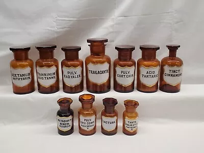 RARE Collection Brown Glass Apothecary Medicine Bottles With Label Glass Stopper • $43