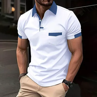 Men's Button Blouse Tops Casual Loose Summer Muscle Tunic T Shirt Tee Polo Shirt • £11.89