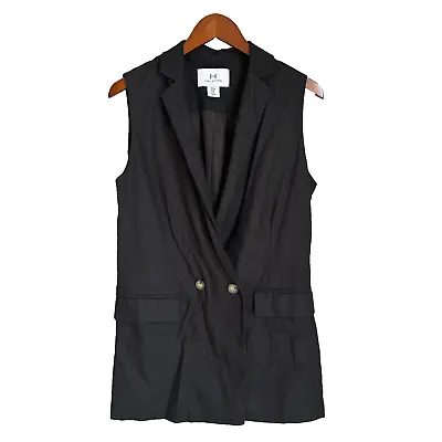 H Halston Black Linen Long Vest Double Breasted Collared Pockets Women's M • £48.65