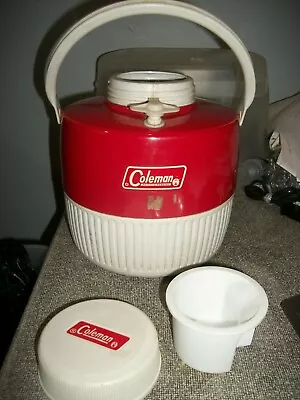 Vintage Coleman 1 Gallon Red Steel Belted Water Cooler Jug With Cup & Top Spout • $24.99