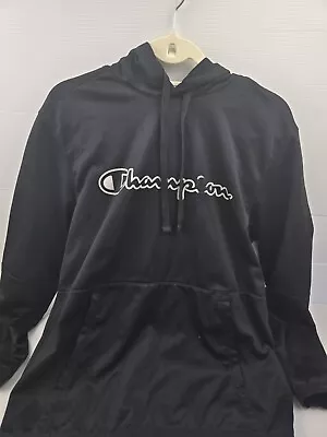 VINTAGE Champion Hooded Logo Jumper Size M Black Long Sleeve Drawstring • $39.95