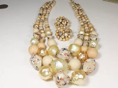 Vintage Beaded Necklace Cluster Earrings Set Clip Baroque Faux Pearl Japan C4817 • $19.96