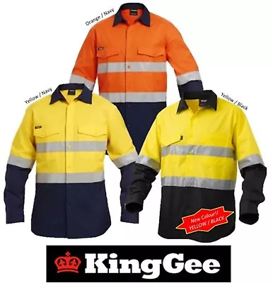 King Gee   Workcool 2 Ripstop  Long Sleeve Hi-vis Work Shirt +hoop Tape - K54880 • $57.95