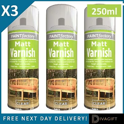 3 X 250ML CLEAR MATT VARNISH SPRAY ALL PURPOSE EXTERIOR INTERIOR AEROSOL CAN NEW • £9.99