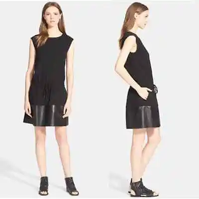 Vince Sleeveless Drawstring Waist Mini Dress Contrast Leather Black Size: XXS • $208.25