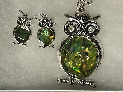 Abalone Shell Owl Pendant Necklace Earrings Set Silver Tone Settings Rhinestones • $14.95