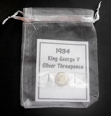 1934 50% Solid Silver 90th Birthday  3d  Coin  Three Pence  VFU On Card Gift Bag • £1.49