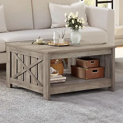 Rustic Square Coffee Table W/ Storage Shelf Farmhouse Cocktail Table Living Room • $82.99