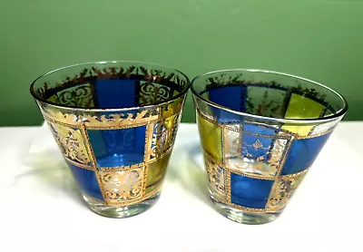 VTG MCM Culver Prado 22 Karat Gold Blue & Yellow Lowball Barware Glasses  Read • $13.98