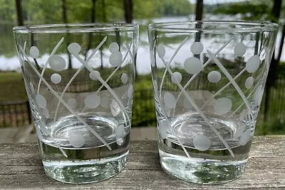 Mid Century Etched Polka Dot & Lines Rocks Glasses Barware Old Fashioned ~ 2 • $14.41