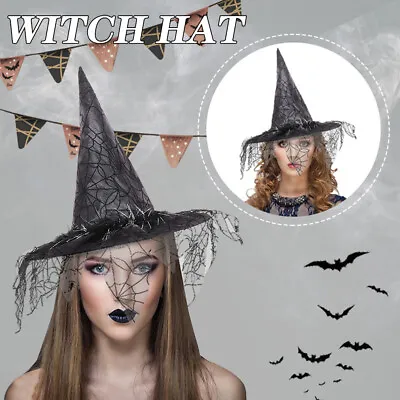 Halloween Women Witch Hats With Spider Web Veil Party Hats Wizard Hat Headdress • £7.89