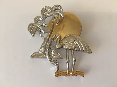 Vintage Lg Signed MJ Gold Silver Tone Flamingo W Sun Palm Tree Pendant Brooch • $12.97