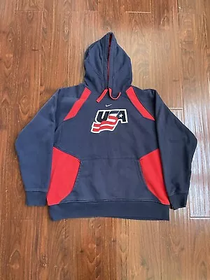 Vintage Nike Center Swoosh Hoodie Size XL Olympic Team USA Hockey Navy Blue Red • $39.99