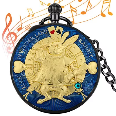 Pocket Watch With Music Unisex Quartz Song Watches Alice In Wonderland Chain • $17.09