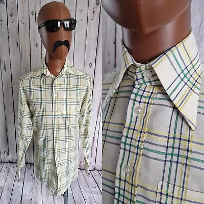 Vintage 70s Dagger Collar SHIRT -Small- Beige Check PolyCotton Mod Disco BS42 • £10