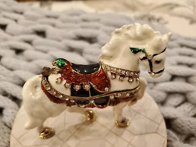  White Horse Hinged Metal Enameled Crystal Trinket Box Gold Hoofs  • $25