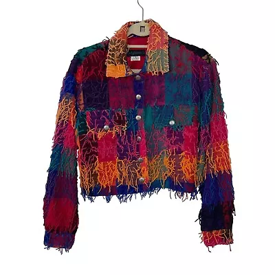 Estefanies Vintage Women Cropped Jacket Size Small Multicolor Fringe Art To Wear • $75.61