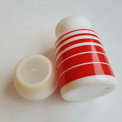 1970s Retro Belgium Milk Glass White Container Red Hoops Lid Jar 18cm VTG • £14.50