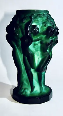 ART DECO Malachite Green Swirl Slag Glass Vase Nude Ladies Curt Schlevogt • $89.99