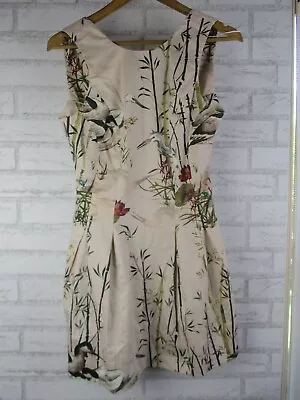 Zara Womens A-line Dress L 10 Beige Green Bird Print New Pleated • $38