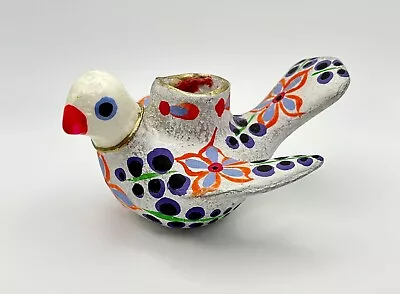 Vintage Mexican Folk Art Pottery Candle Holder White Dove W/ Colorful Pattern • $19