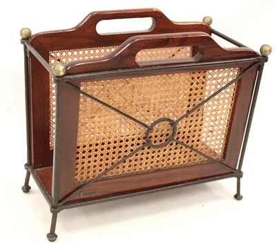 £10.50 • Buy GRANGE Mid-Century Style Newspaper/ Magazine Rack Wood Metal And Rattan - T04