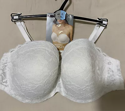 M&S UNDERWIRED MULTIWAY STRAPLESS PADDED LACE  BRA In WHITE Size 42C • £14.99